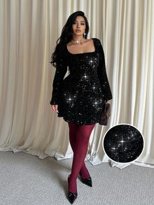 GalTyme Plus Size Women's Square Neck Long Sleeve Sequin Glamorous Dress Fall - Black - View 1