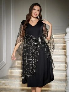 SHEIN Clasi Plus Size Elegant Luxury Sequin V-Neck Dress For Evening Party Fall - Black - View 1