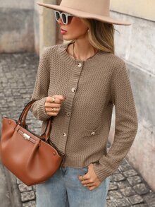 Brillora Women's Single-Breasted Long Sleeve Knit Cardigan, Fall Daily Wear Office Brunch Taupe Casual Elegant - Khaki - View 8