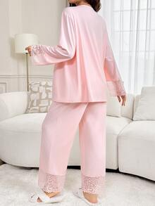 SHEIN Maternity Lace Patchwork Camisole Top And Adjustable Waist Long Pants With Cardigan 2 Pieces Set Autumn Photoshoot Pink Sexy Elegant - Pink - View 6