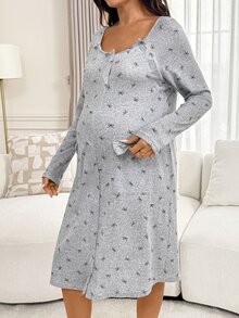 SHEIN Gaun Hamil Kasual Sehari-hari dengan Motif Cetak Seluruh Permukaan dan Fungsi Menyusui - Light Grey - View 8