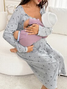 SHEIN Gaun Hamil Kasual Sehari-hari dengan Motif Cetak Seluruh Permukaan dan Fungsi Menyusui - Light Grey - View 5
