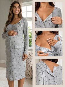 SHEIN Gaun Hamil Kasual Sehari-hari dengan Motif Cetak Seluruh Permukaan dan Fungsi Menyusui - Light Grey - View 3