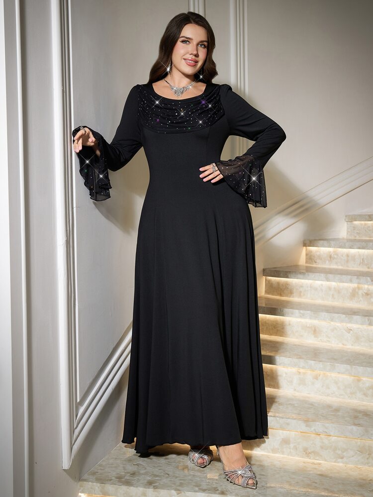 SHEIN Clasi Plus Size Women's Round Neck Patchwork Rhinestone Mesh Flare Sleeve Elegant Dress - Black - View 5