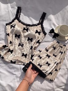 Comfortcana Women's Lace Patchwork Bow Pattern Camisole Top And Long Pants 2 Pieces Set - Multicolor - View 6