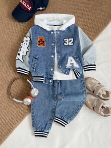 Boys' Denim Jogger Pants Set, Fall Casual Cowboy Preppy Style, Baby Blue Washed Denim With Cartoon Bear, Letter Towel Embroidery, Patchwork Stripes - Medium Wash - View 5
