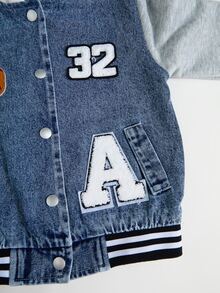 Boys' Denim Jogger Pants Set, Fall Casual Cowboy Preppy Style, Baby Blue Washed Denim With Cartoon Bear, Letter Towel Embroidery, Patchwork Stripes - Medium Wash - View 9