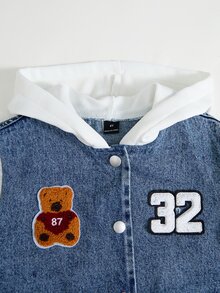 Boys' Denim Jogger Pants Set, Fall Casual Cowboy Preppy Style, Baby Blue Washed Denim With Cartoon Bear, Letter Towel Embroidery, Patchwork Stripes - Medium Wash - View 11
