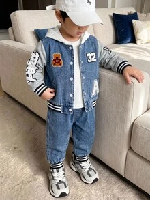 Boys' Denim Jogger Pants Set, Fall Casual Cowboy Preppy Style, Baby Blue Washed Denim With Cartoon Bear, Letter Towel Embroidery, Patchwork Stripes - Medium Wash - View 2
