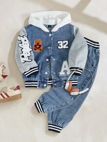 Boys' Denim Jogger Pants Set, Fall Casual Cowboy Preppy Style, Baby Blue Washed Denim With Cartoon Bear, Letter Towel Embroidery, Patchwork Stripes - Medium Wash - View 10