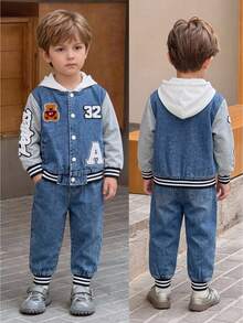 Boys' Denim Jogger Pants Set, Fall Casual Cowboy Preppy Style, Baby Blue Washed Denim With Cartoon Bear, Letter Towel Embroidery, Patchwork Stripes - Medium Wash - View 7