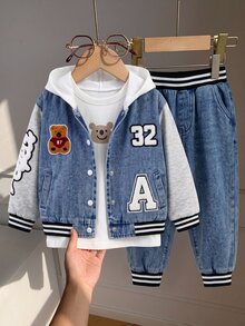 Boys' Denim Jogger Pants Set, Fall Casual Cowboy Preppy Style, Baby Blue Washed Denim With Cartoon Bear, Letter Towel Embroidery, Patchwork Stripes - Medium Wash - View 3
