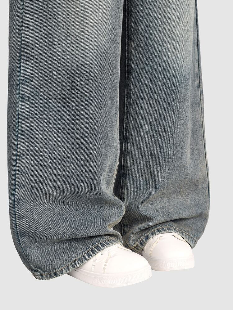 SHEIN Tween Girls Vintage Wash Wide Leg Jeans, High Waist Elastic Back Baggy Denim Pants American Retro Aesthetic Streetwear Autumn Winter - Medium Wash - View 6