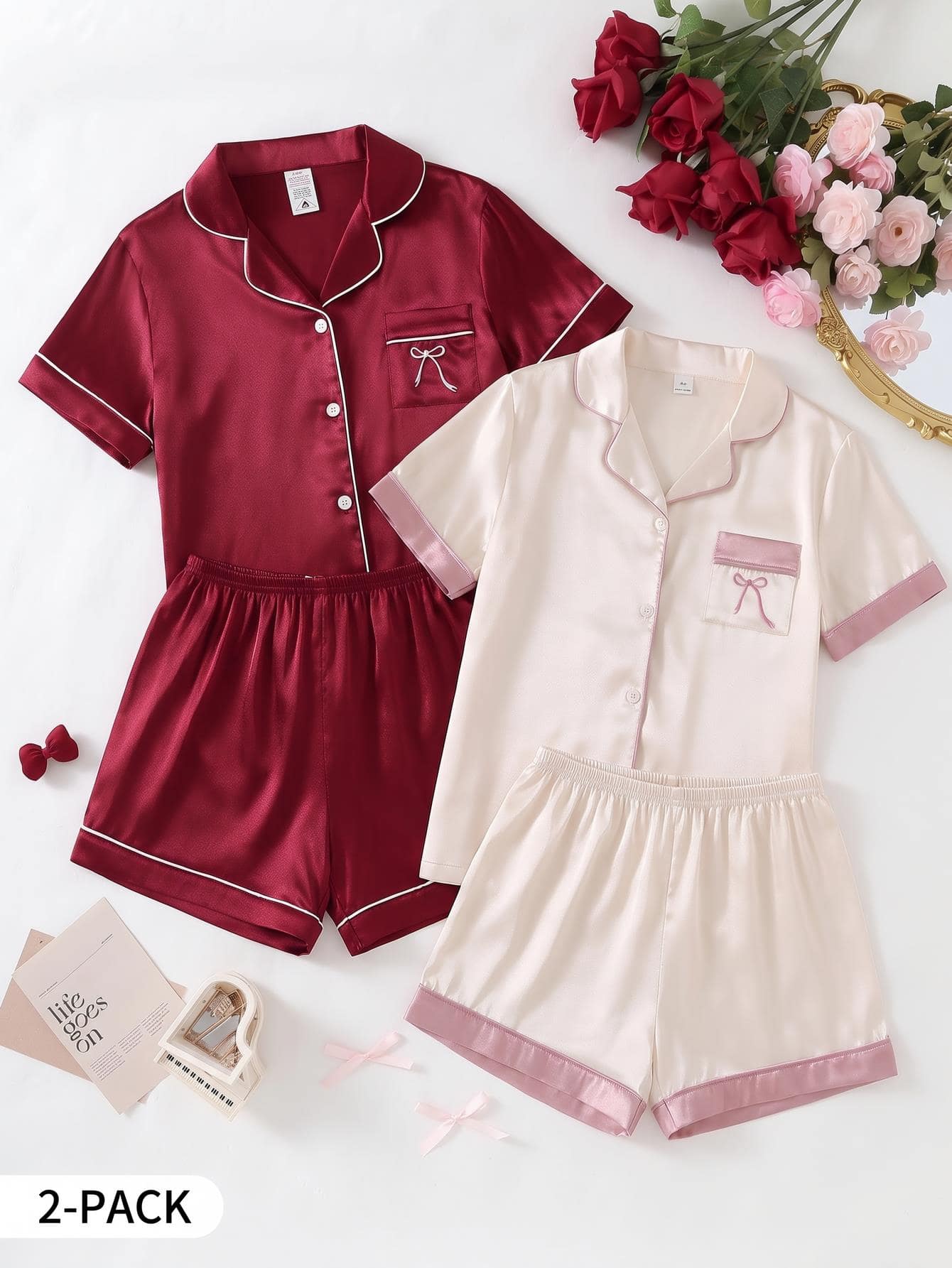 SHEIN Girls' Burgundy And White Bow Embroidery Short Sleeve Shorts Open ...