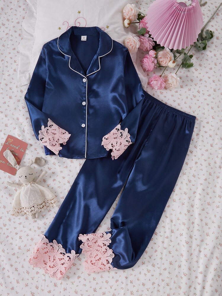 2pcs Tween Girls Blush Pink Sleepwear Set Long Sleeve Pajamas With Pants Elegant Casual Fall Autumn/Winter Wedding Night Honeymoon Ninang High-Quality - Navy Blue - View 6
