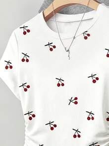 Teen Girls 3pcs Short Waist-Cinching Ruched T-Shirt Set, White Base With Cherry Print, Grey And Dark Grey, Suitable For Back To School, Outdoor Sports, Casual Leisure, Spring Summer Autumn Winter All Season Wear - Multicolor - View 4