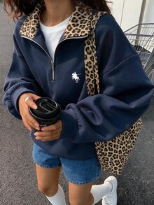 Teen Girls Fall Retro Leopard Print Half Zip Sweatshirt, Contrast Lapel Drop Shoulder Pullover Top, Preppy School Clothes Autumn Winter - Multicolor - View 3
