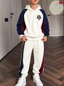 Hooded Long Sleeve Sweatshirt Digital Print Boys Autumn Streetwear Graphic School Beige Navy Blue - Multicolor - View 3