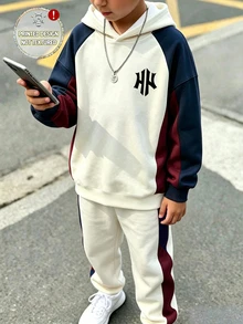 Hooded Long Sleeve Sweatshirt Digital Print Boys Autumn Streetwear Graphic School Beige Navy Blue - Multicolor - View 5