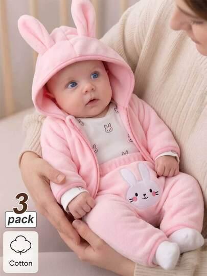 SHEIN 3pcs Newborn Baby Girls Hooded Jacket Pants Jumpsuit Cute Sweet Pink White Bowknot Fleece Long Sleeve O-Neck Thick Party Fall Holiday Zip Up