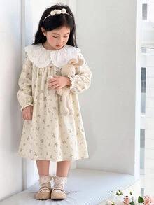SHEIN Elladie kids 女童秋季碎花寬鬆長袖洋裝，彈性袖口、精緻領口，學院風仙女公主風，7歲生日花童彩虹款 - 杏色 - 查看 9