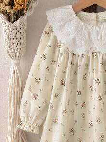 SHEIN Elladie kids 女童秋季碎花寬鬆長袖洋裝，彈性袖口、精緻領口，學院風仙女公主風，7歲生日花童彩虹款 - 杏色 - 查看 7