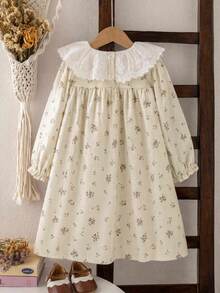 SHEIN Elladie kids 女童秋季碎花寬鬆長袖洋裝，彈性袖口、精緻領口，學院風仙女公主風，7歲生日花童彩虹款 - 杏色 - 查看 3