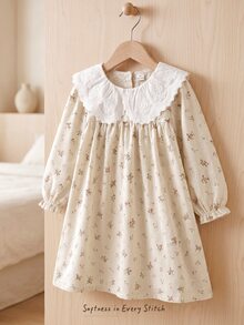 SHEIN Elladie kids 女童秋季碎花寬鬆長袖洋裝，彈性袖口、精緻領口，學院風仙女公主風，7歲生日花童彩虹款 - 杏色 - 查看 4