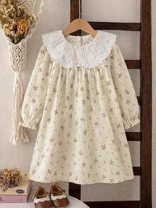 SHEIN Elladie kids 女童秋季碎花寬鬆長袖洋裝，彈性袖口、精緻領口，學院風仙女公主風，7歲生日花童彩虹款 - 杏色 - 查看 6