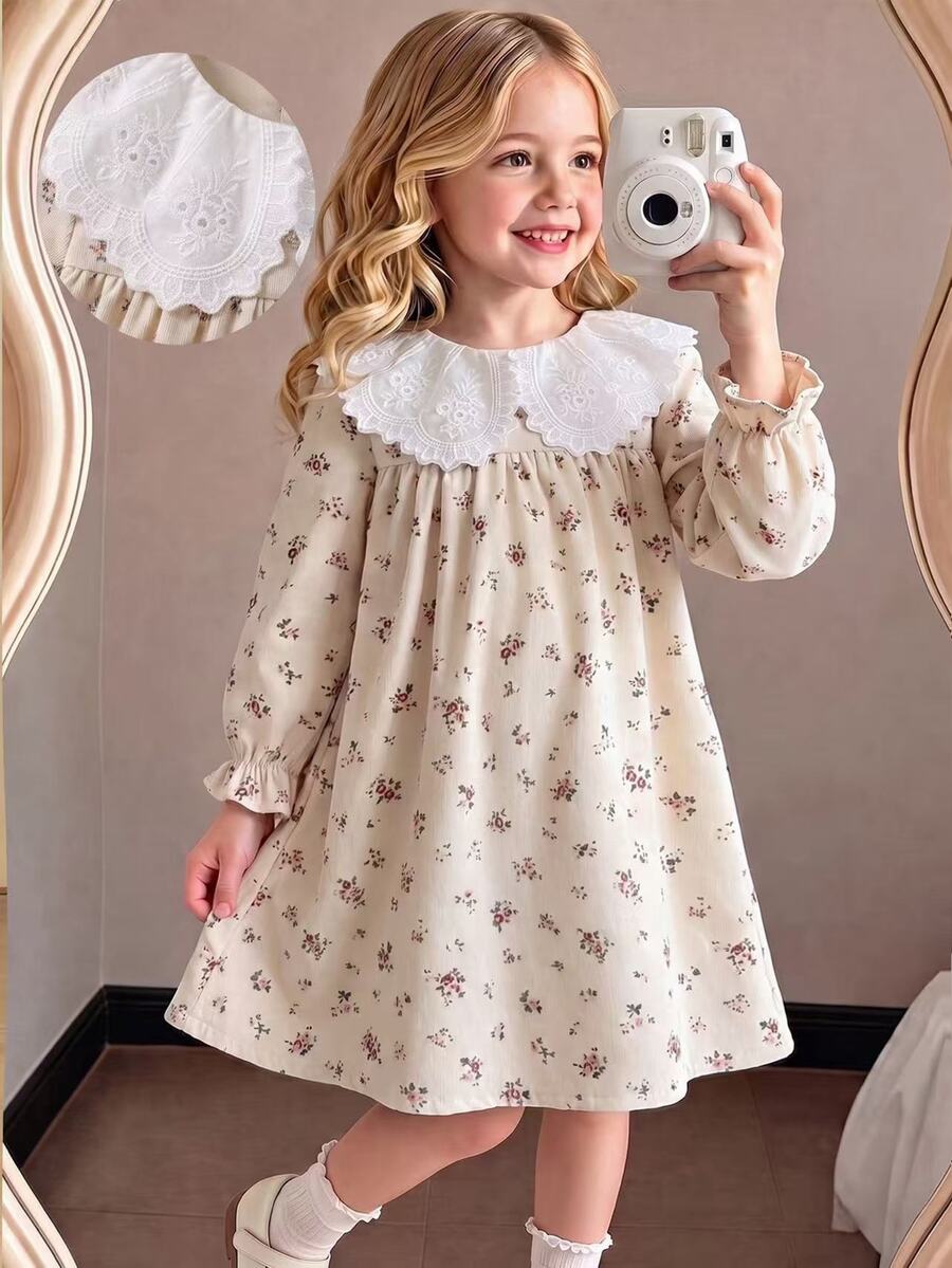 SHEIN Elladie kids 女童秋季碎花寬鬆長袖洋裝，彈性袖口、精緻領口，學院風仙女公主風，7歲生日花童彩虹款