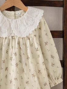 SHEIN Elladie kids 女童秋季碎花寬鬆長袖洋裝，彈性袖口、精緻領口，學院風仙女公主風，7歲生日花童彩虹款 - 杏色 - 查看 8