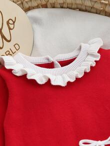 SHEIN Baby Girl Knit Romper, Lace Collar With Bow, Stylish Knit Jumpsuit - Red - View 4