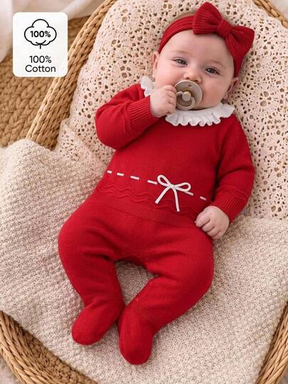 SHEIN Baby Girl Knit Romper, Lace Collar With Bow, Stylish Knit Jumpsuit