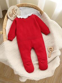 SHEIN Baby Girl Knit Romper, Lace Collar With Bow, Stylish Knit Jumpsuit - Red - View 2