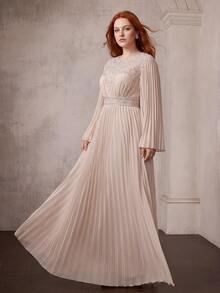 MOTF PREMIUM Đầm dạ hội maxi nữ size lớn tay dài xòe thanh lịch, voan xếp ly, dành cho đám cưới và dạ tiệc - Màu be - Xem 4