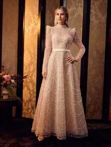 MOTF Soiréza ELEGANT WOMEN'S BEADED LONG SLEEVE MOCK NECK MAXI GOWN FOR FORMAL EVENING PARTY - Champagne - View 5