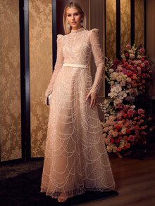 MOTF Soiréza ELEGANT WOMEN'S BEADED LONG SLEEVE MOCK NECK MAXI GOWN FOR FORMAL EVENING PARTY - Champagne - View 7