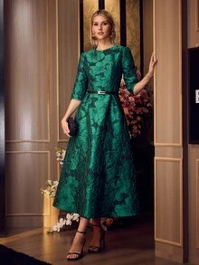 MOTF PREMIUM ELEGANT HIGH-END SOPHISTICATED 3/4 SLEEVE FLORAL JACQUARD HIGH WAIST A-LINE FLARE DRESS, LADY STYLE - Green - View 7