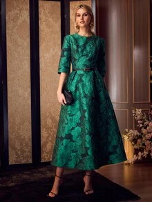MOTF PREMIUM ELEGANT HIGH-END SOPHISTICATED 3/4 SLEEVE FLORAL JACQUARD HIGH WAIST A-LINE FLARE DRESS, LADY STYLE - Green - View 6
