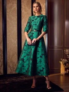MOTF PREMIUM ELEGANT HIGH-END SOPHISTICATED 3/4 SLEEVE FLORAL JACQUARD HIGH WAIST A-LINE FLARE DRESS, LADY STYLE - Green - View 3