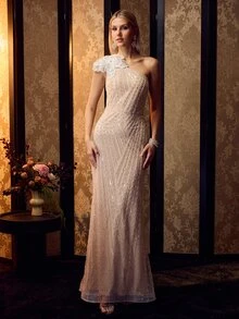 MOTF Soiréza ELEGANT WOMEN'S ONE SHOULDER BEADED MERMAID HEM MAXI GOWN WITH 3D FLOWER DETAIL FOR FORMAL PARTY - Champagne - View 5