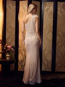MOTF Soiréza ELEGANT WOMEN'S ONE SHOULDER BEADED MERMAID HEM MAXI GOWN WITH 3D FLOWER DETAIL FOR FORMAL PARTY - Champagne - View 4