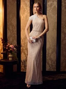 MOTF Soiréza ELEGANT WOMEN'S ONE SHOULDER BEADED MERMAID HEM MAXI GOWN WITH 3D FLOWER DETAIL FOR FORMAL PARTY - Champagne - View 6