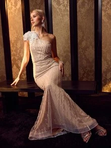 MOTF Soiréza ELEGANT WOMEN'S ONE SHOULDER BEADED MERMAID HEM MAXI GOWN WITH 3D FLOWER DETAIL FOR FORMAL PARTY - Champagne - View 3
