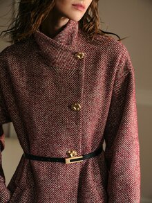 MOTF PREMIUM VINTAGE HIGH-END FASHION VERSATILE STAND COLLAR HERRINGBONE PATTERN SEQUIN WAIST-CINCHING MID-LENGTH WOOL COAT - Burgundy - View 1