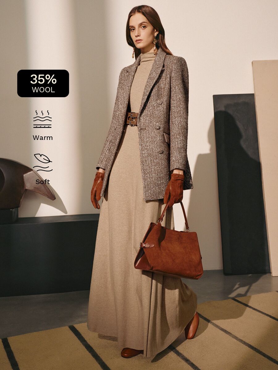 MOTF PREMIUM Áo blazer nữ mùa thu/đông họa tiết hoa len dáng ôm thanh lịch phong cách công sở - Màu Khaki - Xem 1