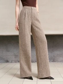 MOTF PREMIUM Quần tây nữ dáng suông vải tweed họa tiết hoa phong cách công sở thường ngày đi làm mùa thu/đông - Xám - Xem 3