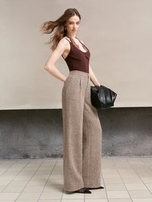MOTF PREMIUM Quần tây nữ dáng suông vải tweed họa tiết hoa phong cách công sở thường ngày đi làm mùa thu/đông - Xám - Xem 6