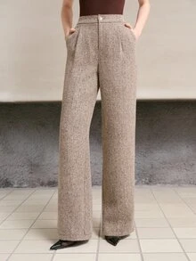 MOTF PREMIUM Quần tây nữ dáng suông vải tweed họa tiết hoa phong cách công sở thường ngày đi làm mùa thu/đông - Xám - Xem 2