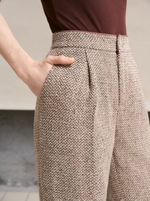 MOTF PREMIUM Quần tây nữ dáng suông vải tweed họa tiết hoa phong cách công sở thường ngày đi làm mùa thu/đông - Xám - Xem 8